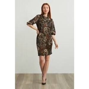 Joseph Ribkoff Printed Shift Dress Style 213679 Black Gold Rust Size 10